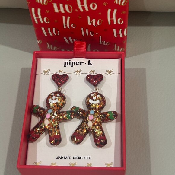 Piper K Gingerbread Man Heart Dangle Drop Christmas Earrings Ho Ho Ho Box - Picture 3 of 3